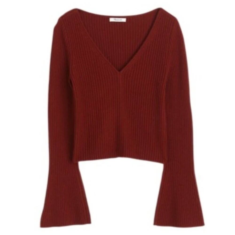 NWT Madewell Ribbed V-Neck Sweater Top Merino Wool Bell Sleeve Deep Rust Size XS